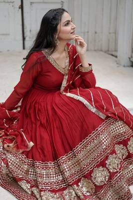 Red Colour Gorgeous Look geoegtte Fully Stitched long gown With Dupatta 3