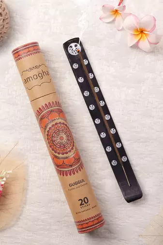Amogha masala incense sticks in tube packing with black ashcatcher with white prints- fragrance guggul
