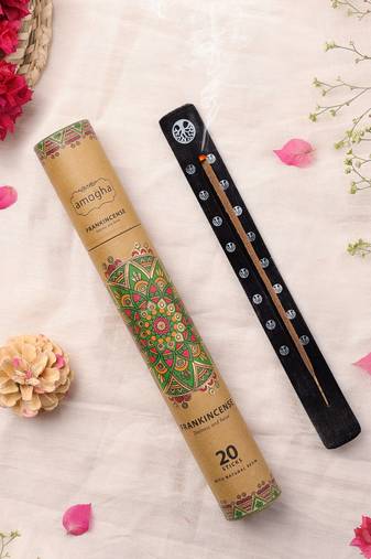 Amogha masala incense sticks in tube packing with black ashcatcher with white prints- fragrance frankincesne