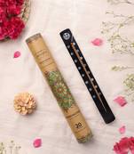Amogha masala incense sticks in tube packing with black ashcatcher with white prints- fragrance frankincesne