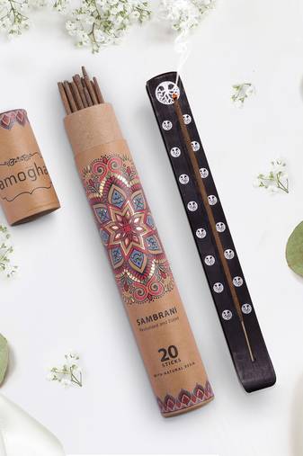 Amogha masala incense sticks in tube packing with black ashcatcher with white prints- fragrance sambrani