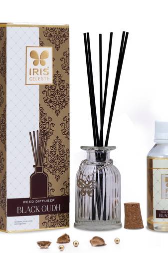 Iris celeste black oudh reed diffuser with 1n glass jar 6n reed sticks and 100ml diffuser oil