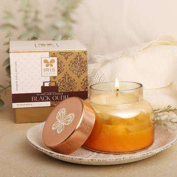 Iris celeste apothcary jar candle fragrance black oudh madhina star  225g 8oz amber collection 1