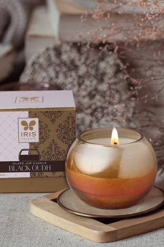 Iris celeste matka candle fragrance black oudh  variant madhina star  145g 5oz amber collection