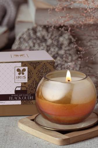 Iris celeste matka candle fragrance black oudh  variant madhina star  285g 10oz amber collection