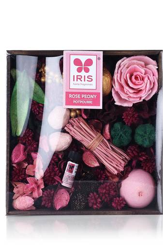 Iris home fragrances rose peony potpourri in a wooden box- 340g with 5ml refresher oil free