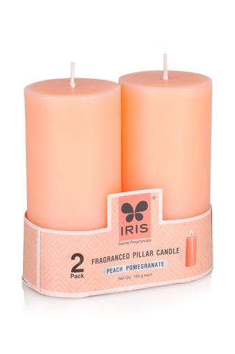 Iris homefragrances pack of 2 peach pomogranate fragrance pillar candles- 160g each- 2"x 4"