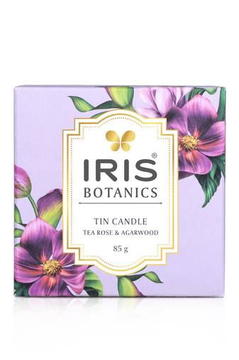Iris botanics tin candle- fragrance tea rose & agarwood - 85g