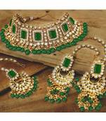 Traditional handcrafted faux kundan & pearl studded bridal necklace set with earrings & maang tikka