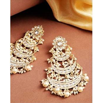 High matt finish long 3 layered beaded chandbali earrings with kundan & pearl work for women 3