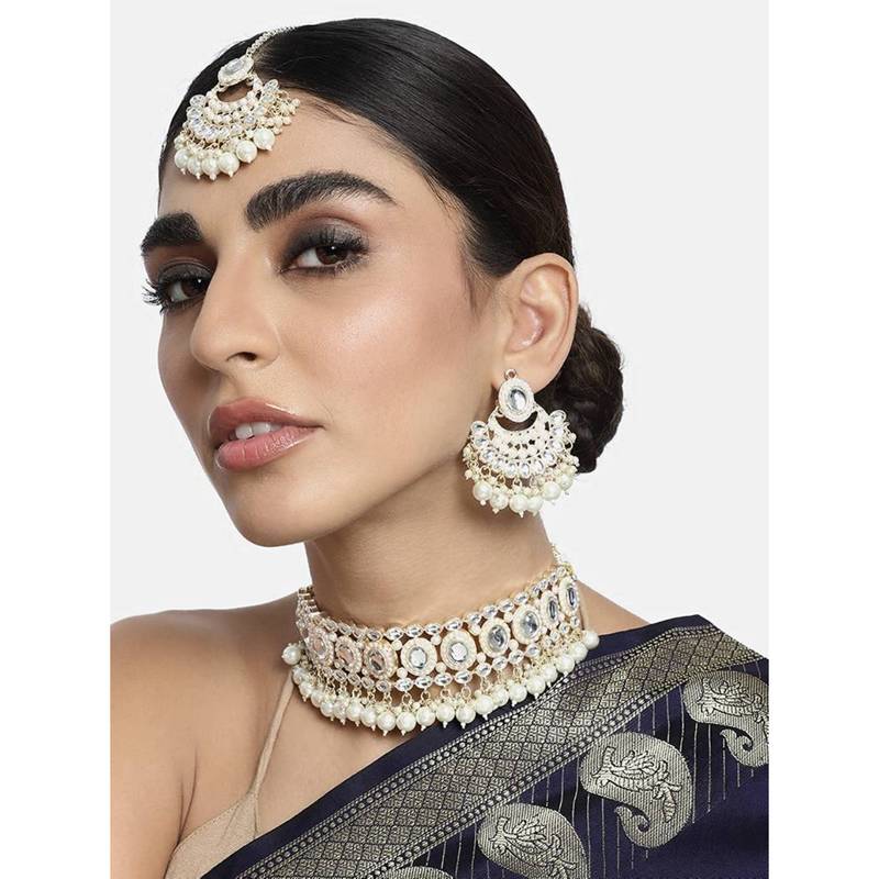 Gold plated traditional kundan choker necklace chandbali earring & maang tikka ethnic jewellery set gift