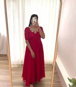 Red Colour Rangoli Georgette Wedding Wear Hand Work Fully Stitched Gown 