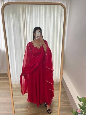 Red Colour Rangoli Georgette Wedding Wear Hand Work Fully Stitched Gown  3