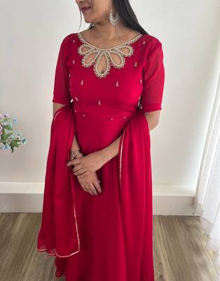 Red Colour Rangoli Georgette Wedding Wear Hand Work Fully Stitched Gown  5