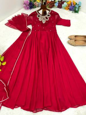 Red Colour Rangoli Georgette Wedding Wear Hand Work Fully Stitched Gown  6
