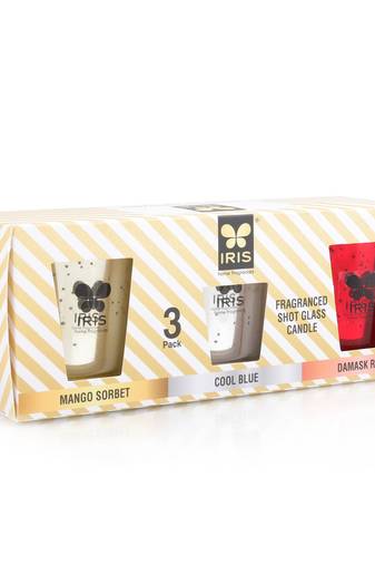 Iris homefragrances fragranced shot glass candle- pack of 3- damask rose  cool blue  mango sorbet