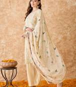 Women's semi stitched pakistani suit in beige georgette with refined embroidery and dupatta