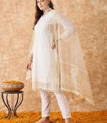 Women's semi stitched pakistani suit in white georgette with rich embroidery and dupatta