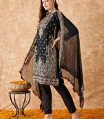 Women's semi stitched pakistani suit in black georgette with elegant embroidery and dupatta
