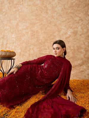 Women's semi stitched pakistani suit in maroon georgette with designer embroidery and dupatta 2