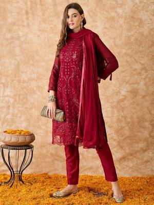 Women's semi stitched pakistani suit in maroon georgette with designer embroidery and dupatta 1