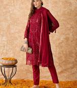 Women's semi stitched pakistani suit in maroon georgette with designer embroidery and dupatta