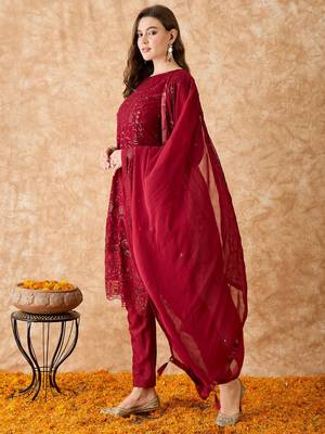 Women's semi stitched pakistani suit in maroon georgette with designer embroidery and dupatta 3