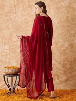 Women's semi stitched pakistani suit in maroon georgette with designer embroidery and dupatta 4