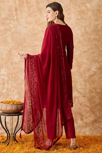 Women's semi stitched pakistani suit in maroon georgette with designer embroidery and dupatta