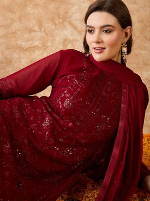 Women's semi stitched pakistani suit in maroon georgette with designer embroidery and dupatta 5