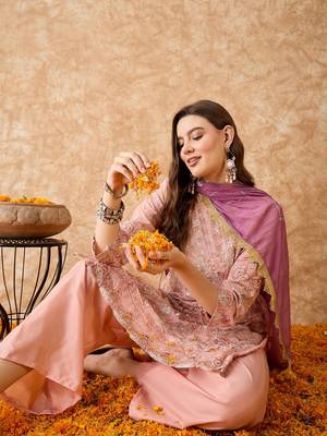 Women's semi stitched pakistani suit in peach georgette with beautiful embroidery and dupatta 2