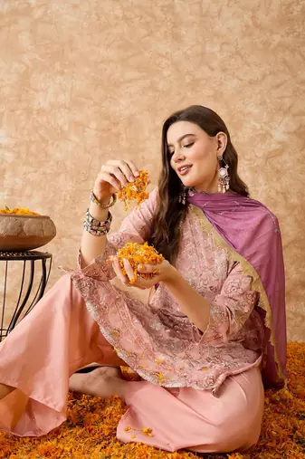 Women's semi stitched pakistani suit in peach georgette with beautiful embroidery and dupatta