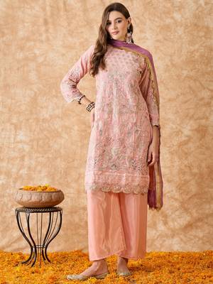Women's semi stitched pakistani suit in peach georgette with beautiful embroidery and dupatta 3