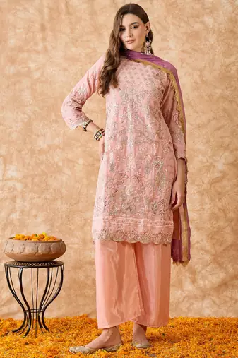 Women's semi stitched pakistani suit in peach georgette with beautiful embroidery and dupatta
