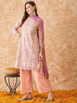 Women's semi stitched pakistani suit in peach georgette with beautiful embroidery and dupatta 1