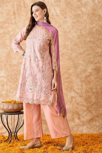 Women's semi stitched pakistani suit in peach georgette with beautiful embroidery and dupatta