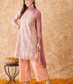 Women's semi stitched pakistani suit in peach georgette with beautiful embroidery and dupatta