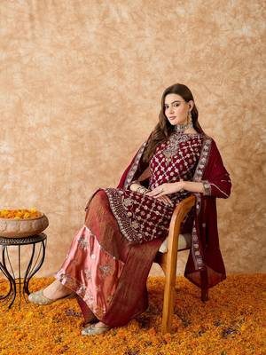 Women's semi stitched pakistani suit in maroon faux georgette with elegant embroidery and dupatta 2