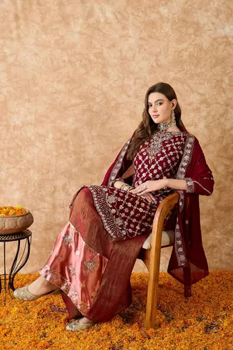 Women's semi stitched pakistani suit in maroon faux georgette with elegant embroidery and dupatta
