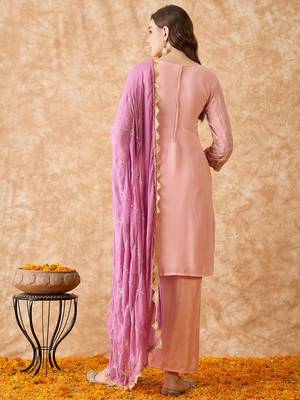 Women's semi stitched pakistani suit in peach georgette with beautiful embroidery and dupatta 4