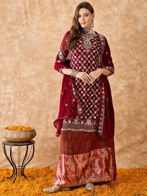 Women's semi stitched pakistani suit in maroon faux georgette with elegant embroidery and dupatta 1