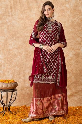 Women's semi stitched pakistani suit in maroon faux georgette with elegant embroidery and dupatta