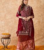 Women's semi stitched pakistani suit in maroon faux georgette with elegant embroidery and dupatta
