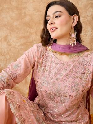 Women's semi stitched pakistani suit in peach georgette with beautiful embroidery and dupatta 5