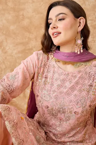 Women's semi stitched pakistani suit in peach georgette with beautiful embroidery and dupatta