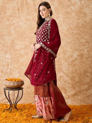 Women's semi stitched pakistani suit in maroon faux georgette with elegant embroidery and dupatta 3