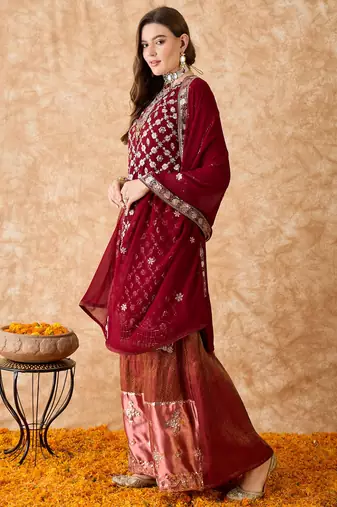 Women's semi stitched pakistani suit in maroon faux georgette with elegant embroidery and dupatta