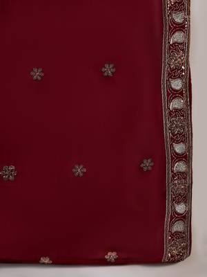 Women's semi stitched pakistani suit in maroon faux georgette with elegant embroidery and dupatta 5