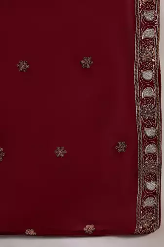 Women's semi stitched pakistani suit in maroon faux georgette with elegant embroidery and dupatta