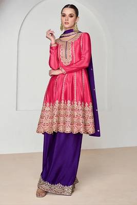 Pink embroidered chiffon semi stitched salwar suit 1